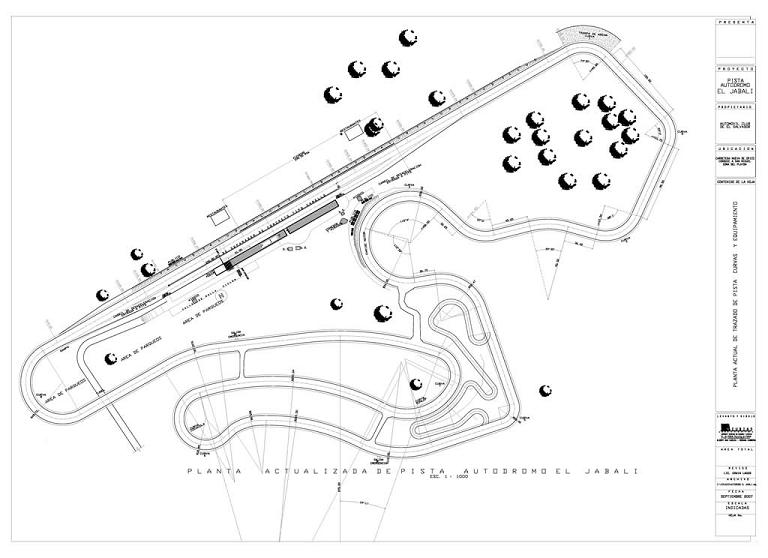 Este fue el nuevo (y actual) plano del Autodromo El Jabalí, que sufrió grandes modificaciones de su plano original. Lo mas notable es que originalmente contaba con 5000mts de longitud, modificandolo a 3250mts con los que cuenta actualmente.